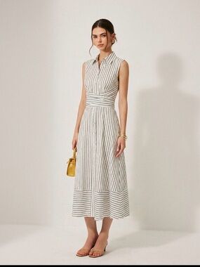 COMMENSE Sleeveless Striped Midi Shirt Dress - White with Black Stripes